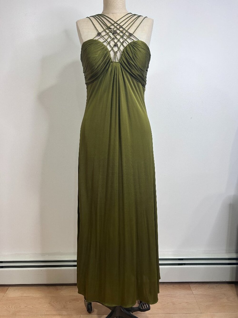 Y2K Olive Green Caged Beaded Straps Empire Maxi Dress Evening Gown Size 10